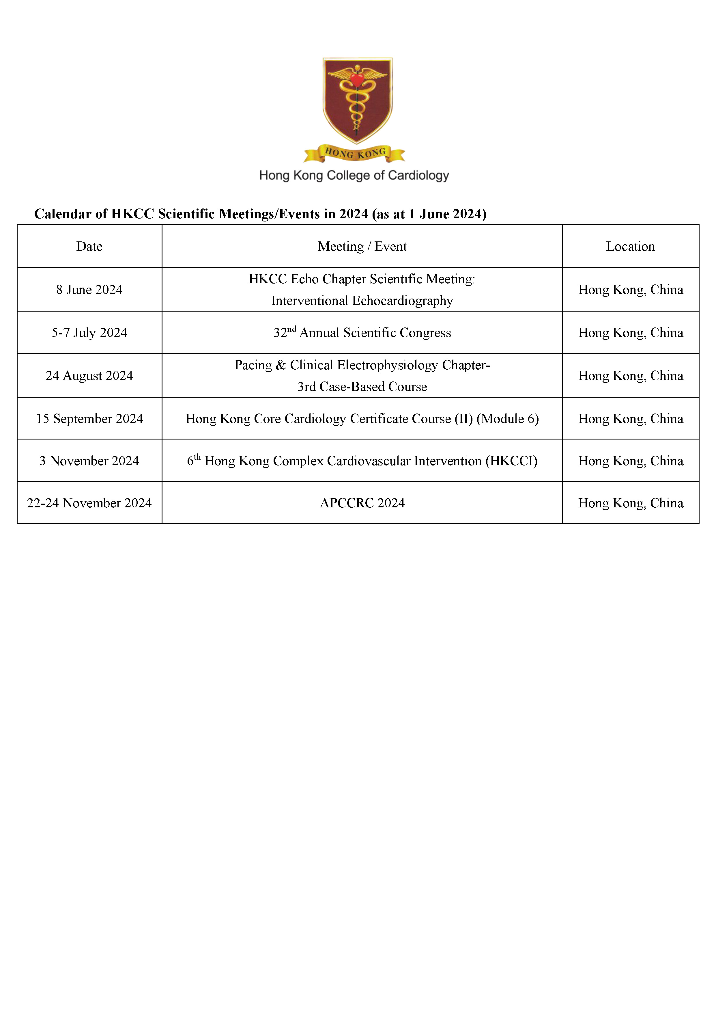 Calendar of HKCC Scientific Meetings / Events in 2024 (as at 1 May 2024)