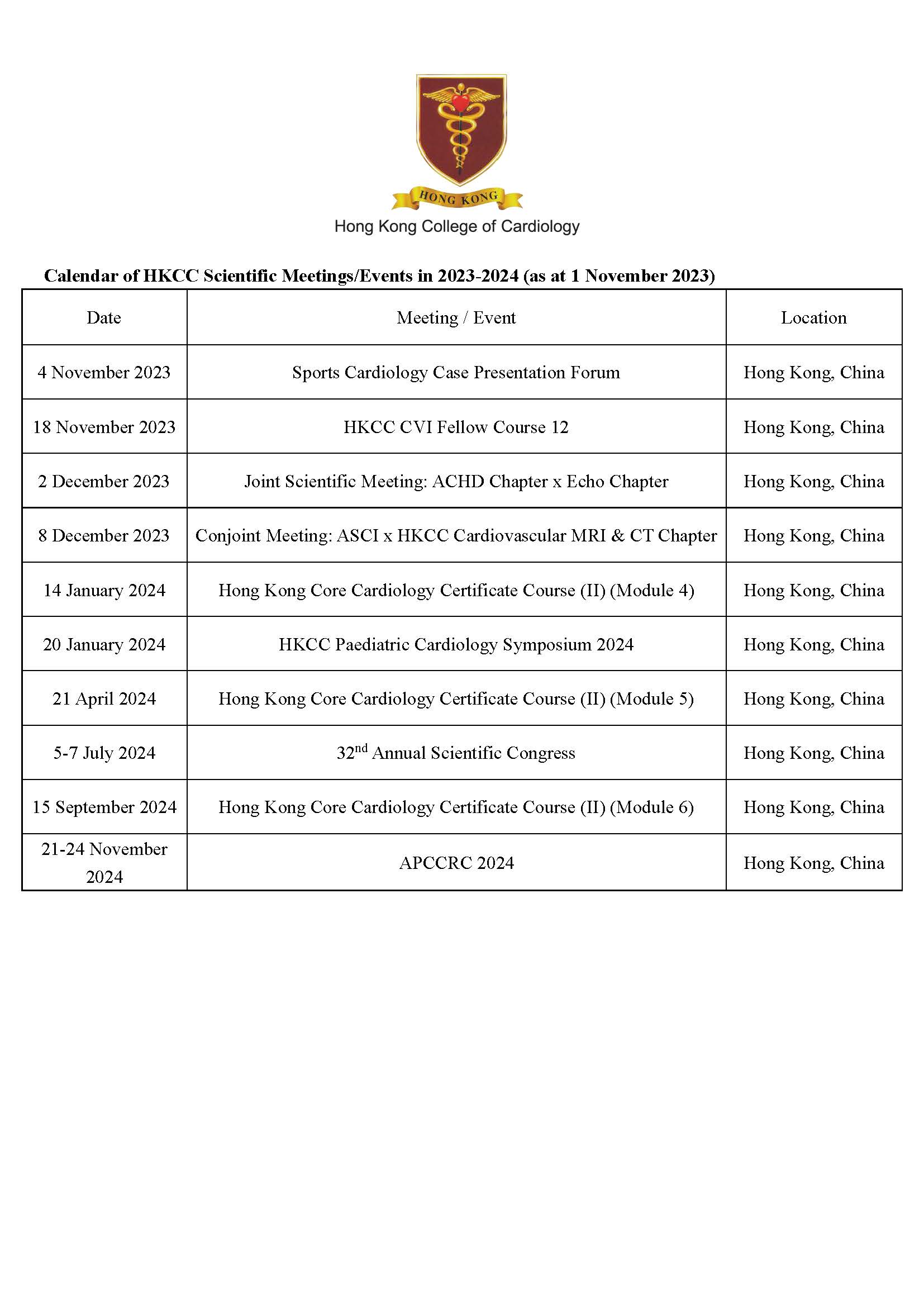 Calendar of HKCC Scientific Meetings / Events in 2023 (as at 22 Sep 2023)