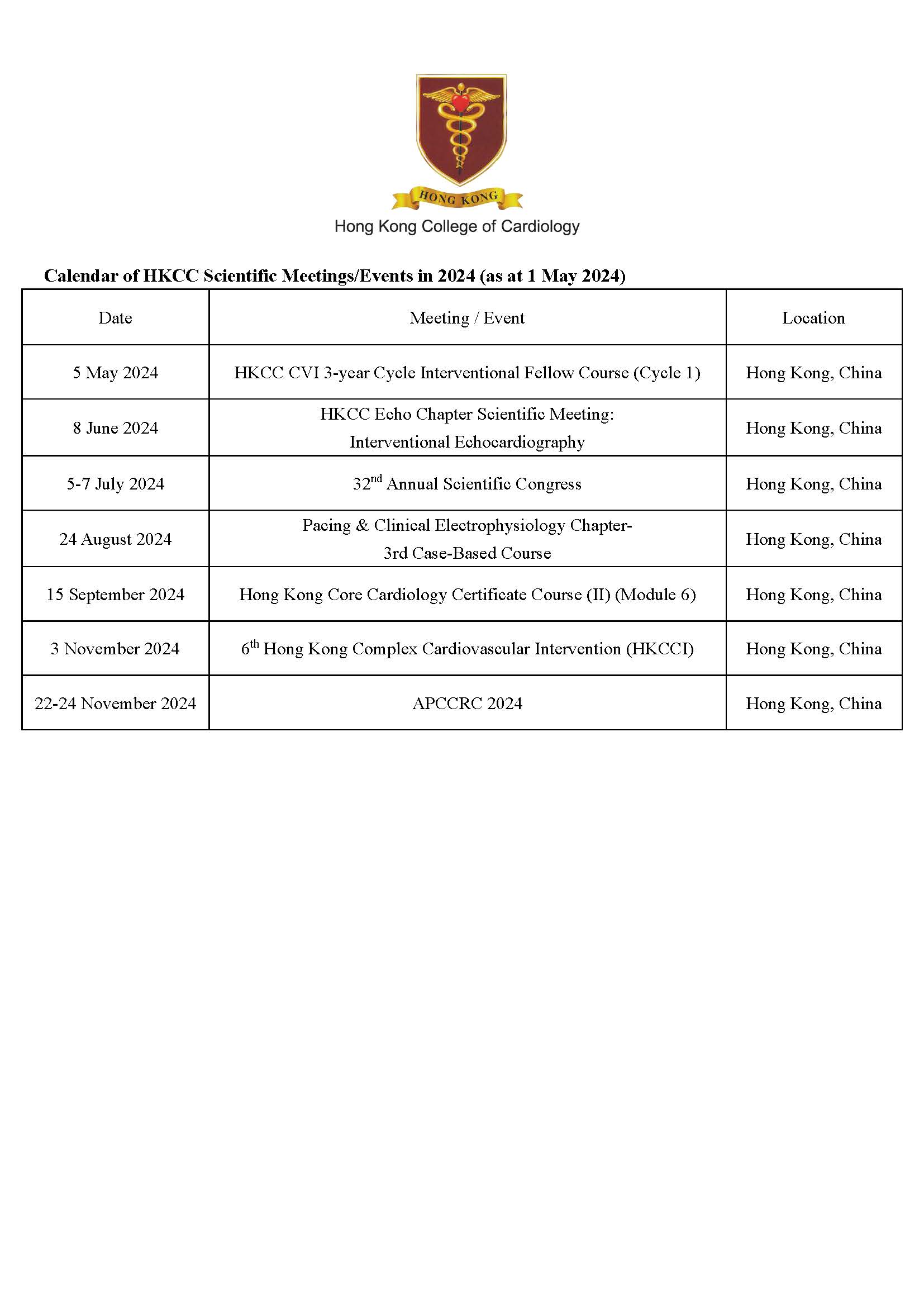 Calendar of HKCC Scientific Meetings / Events in 2024 (as at 1 June 2024)