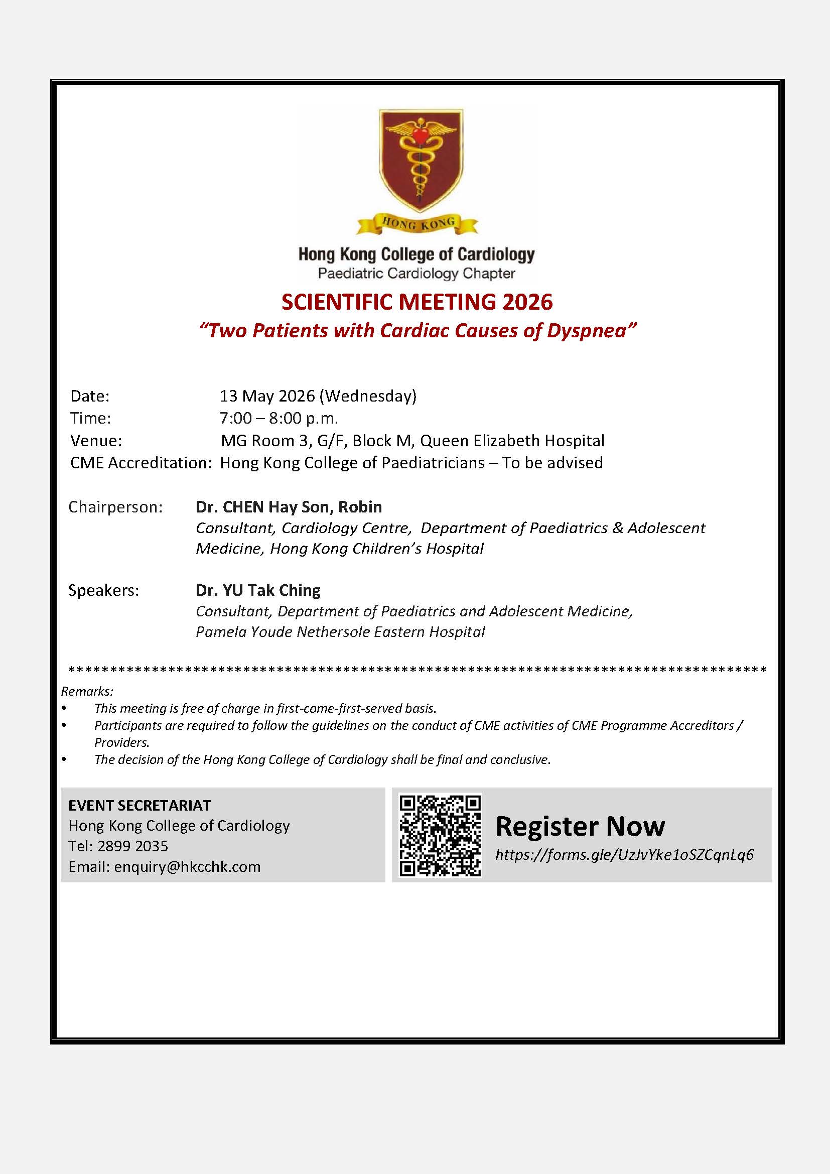 Scientific Meeting 2026 of Paediatric Cardiology Chapter of Hong Kong College of Cardiology