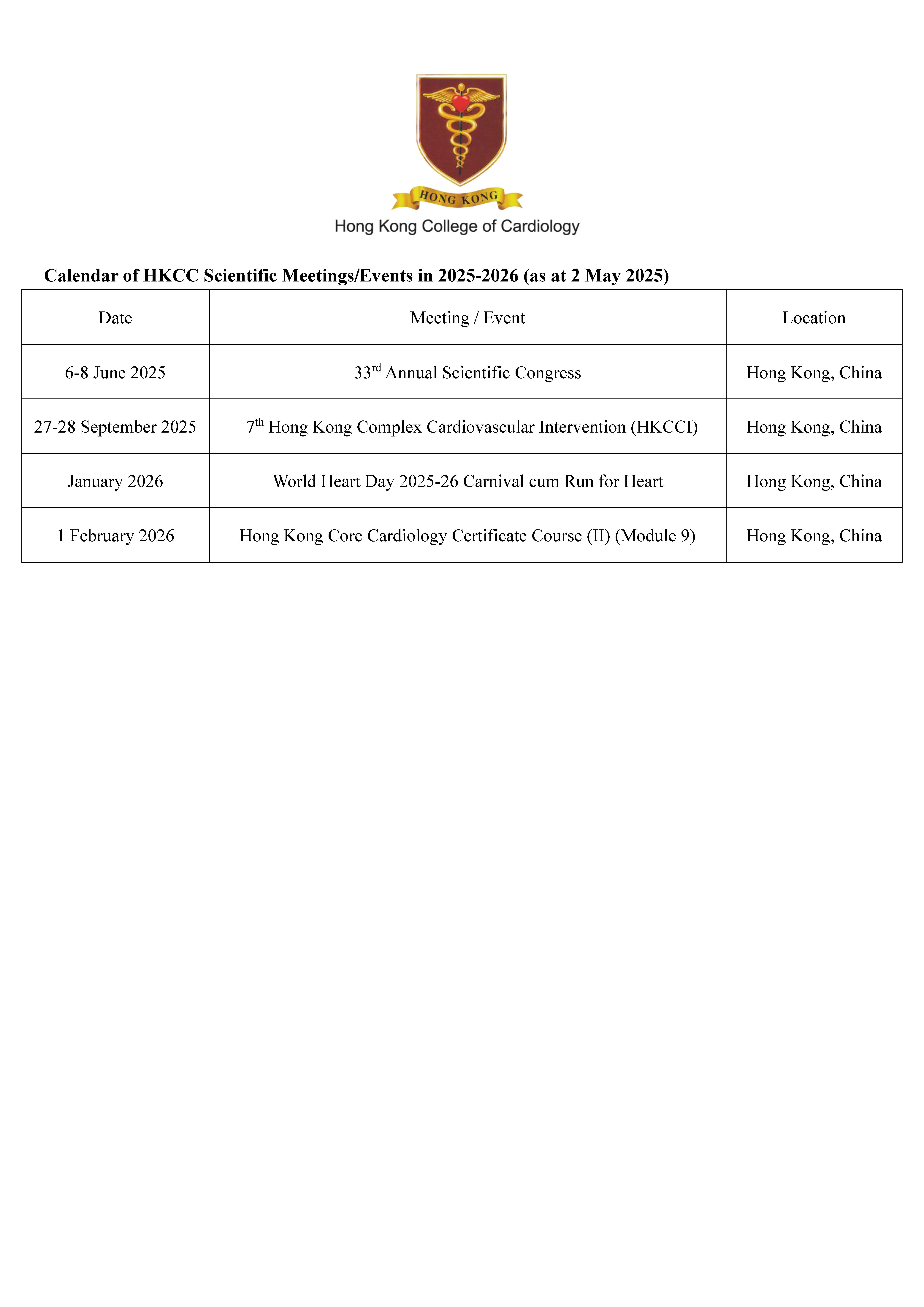 Calendar of HKCC Scientific Meetings / Events in 2025-2026 (as at 2 May 2025)